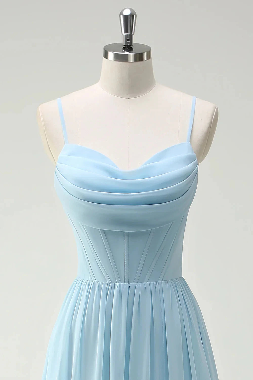 Elegant Romantic Flowy A-Line Cowl Neck Spaghetti Strap Lace-Up Back Ruffled Tiered High-Slit Floor-Length Chiffon Evening Dress by LANQI DRESS