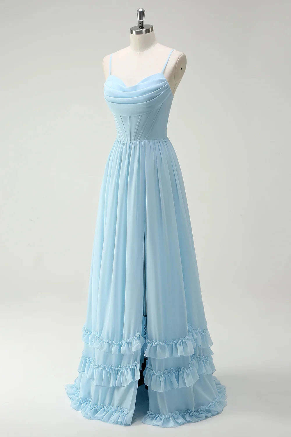 Elegant Romantic Flowy A-Line Cowl Neck Spaghetti Strap Lace-Up Back Ruffled Tiered High-Slit Floor-Length Chiffon Evening Dress by LANQI DRESS