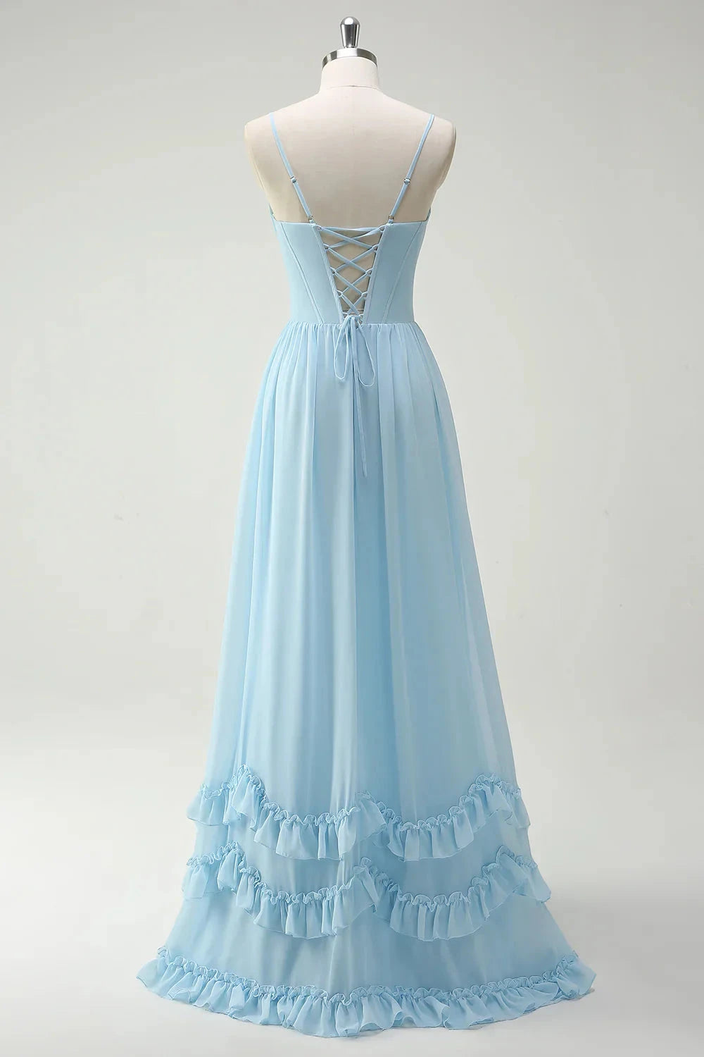 Elegant Romantic Flowy A-Line Cowl Neck Spaghetti Strap Lace-Up Back Ruffled Tiered High-Slit Floor-Length Chiffon Evening Dress by LANQI DRESS
