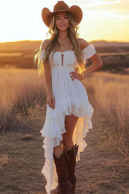 Elegant Romantic Flowy A-Line Off-the-Shoulder Ruffled Short Sleeve Lace-Up Back High-Low Evening Dress