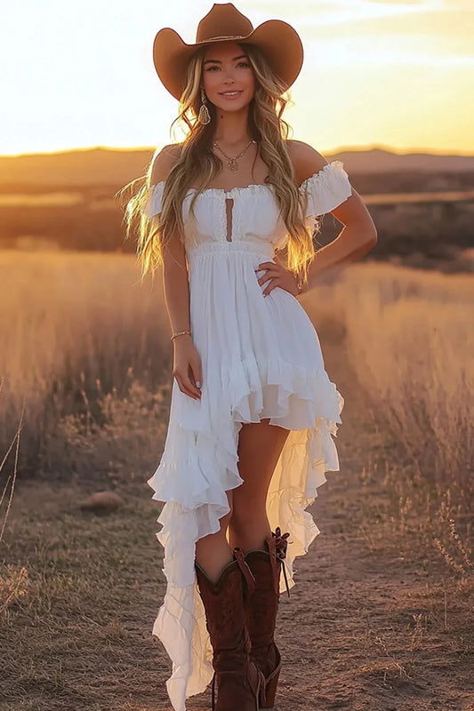 Elegant Romantic Flowy A-Line Off-the-Shoulder Ruffled Short Sleeve Lace-Up Back High-Low Evening Dress