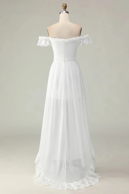 Elegant Romantic Flowy A-Line Off-the-Shoulder Ruffled Short Sleeve Lace-Up Back High-Low Evening Dress