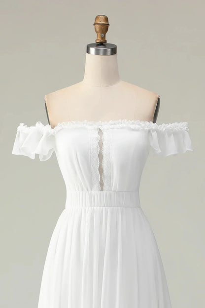 Elegant Romantic Flowy A-Line Off-the-Shoulder Ruffled Short Sleeve Lace-Up Back High-Low Evening Dress