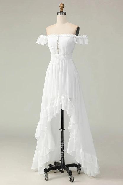 Elegant Romantic Flowy A-Line Off-the-Shoulder Ruffled Short Sleeve Lace-Up Back High-Low Evening Dress