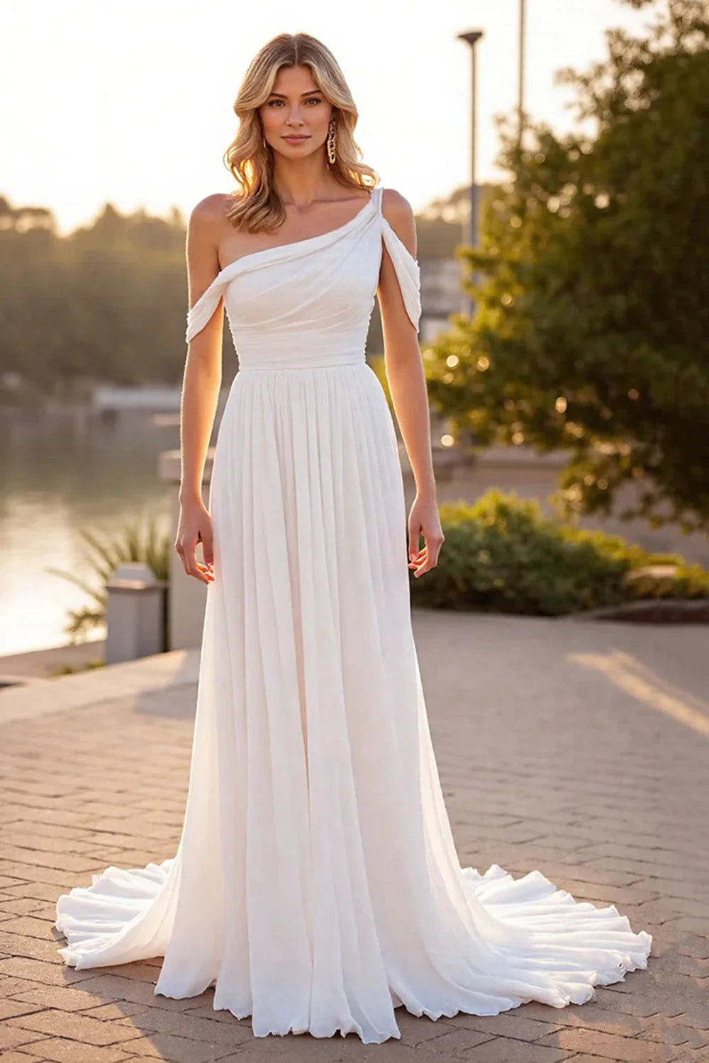 Elegant Romantic Flowy A-Line One-Shoulder Cold Shoulder Deep V Back Ruched Waist Train Floor-Length Chiffon Wedding Evening Dress by LANQI DRESS