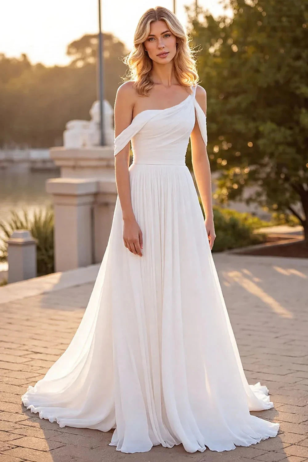 Elegant Romantic Flowy A-Line One-Shoulder Cold Shoulder Deep V Back Ruched Waist Train Floor-Length Chiffon Wedding Evening Dress by LANQI DRESS