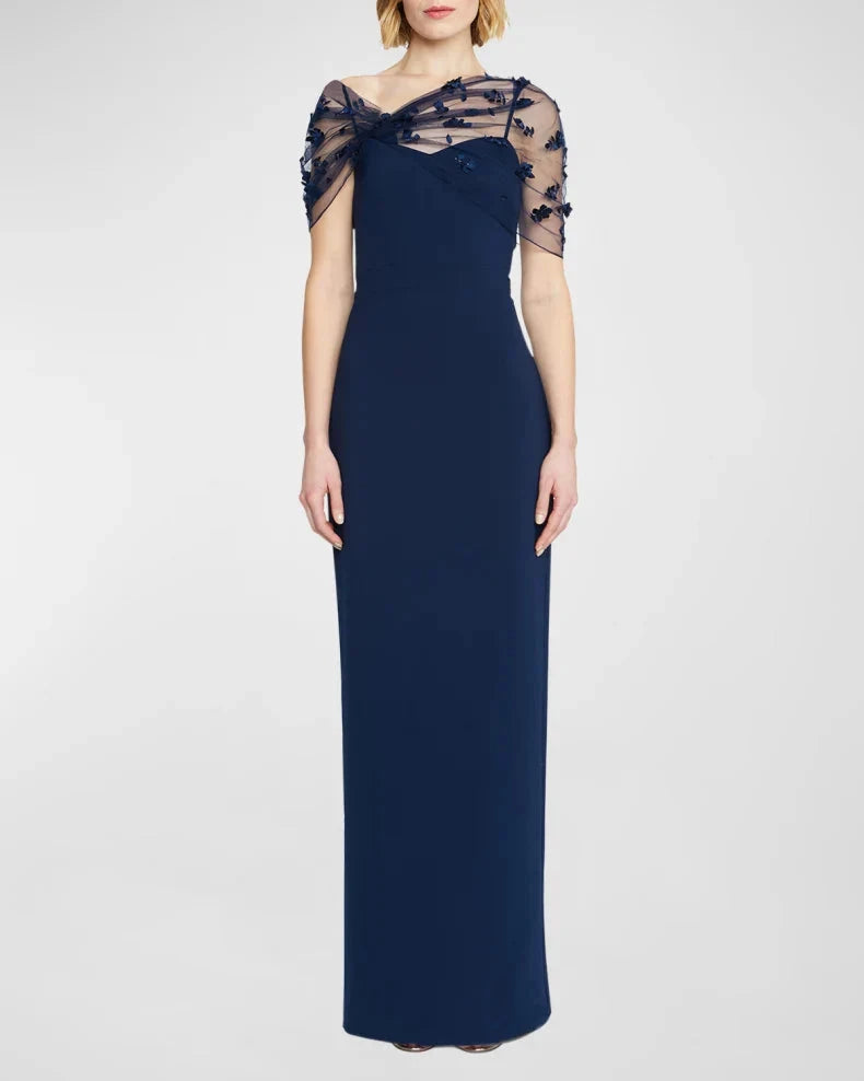 Elegant Romantic Navy Blue Column Silhouette Asymmetrical Neck Sheer Tulle Capelet Floral Appliqué Floor-Length Evening Dress by LANQI DRESS