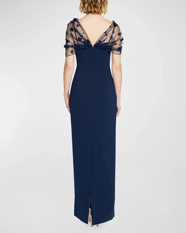 Elegant Romantic Navy Blue Column Silhouette Asymmetrical Neck Sheer Tulle Capelet Floral Appliqué Floor-Length Evening Dress by LANQI DRESS