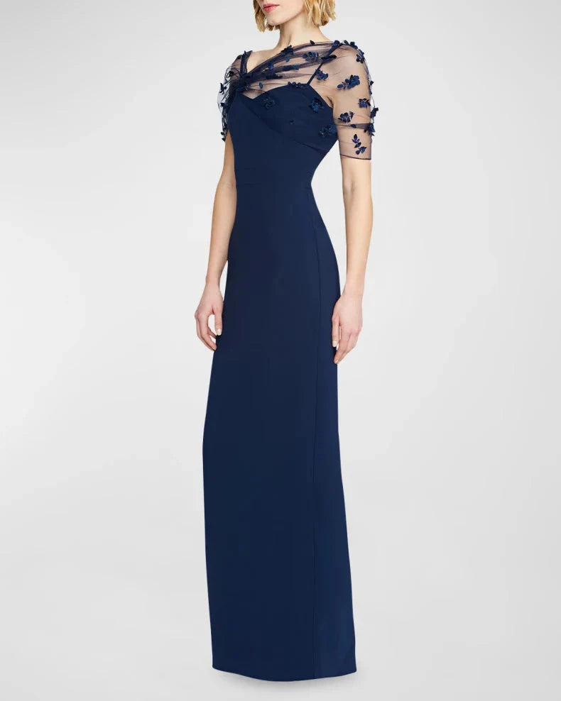 Elegant Romantic Navy Blue Column Silhouette Asymmetrical Neck Sheer Tulle Capelet Floral Appliqué Floor-Length Evening Dress by LANQI DRESS