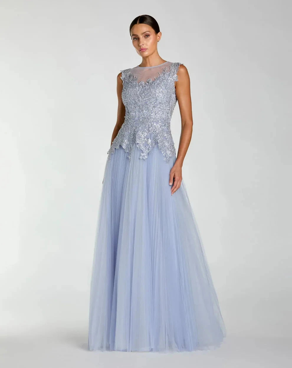 Elegant Romantic Round Neck Cap Sleeve Beaded Open Back Tulle Maxi Evening Dress by LANQI DRESS