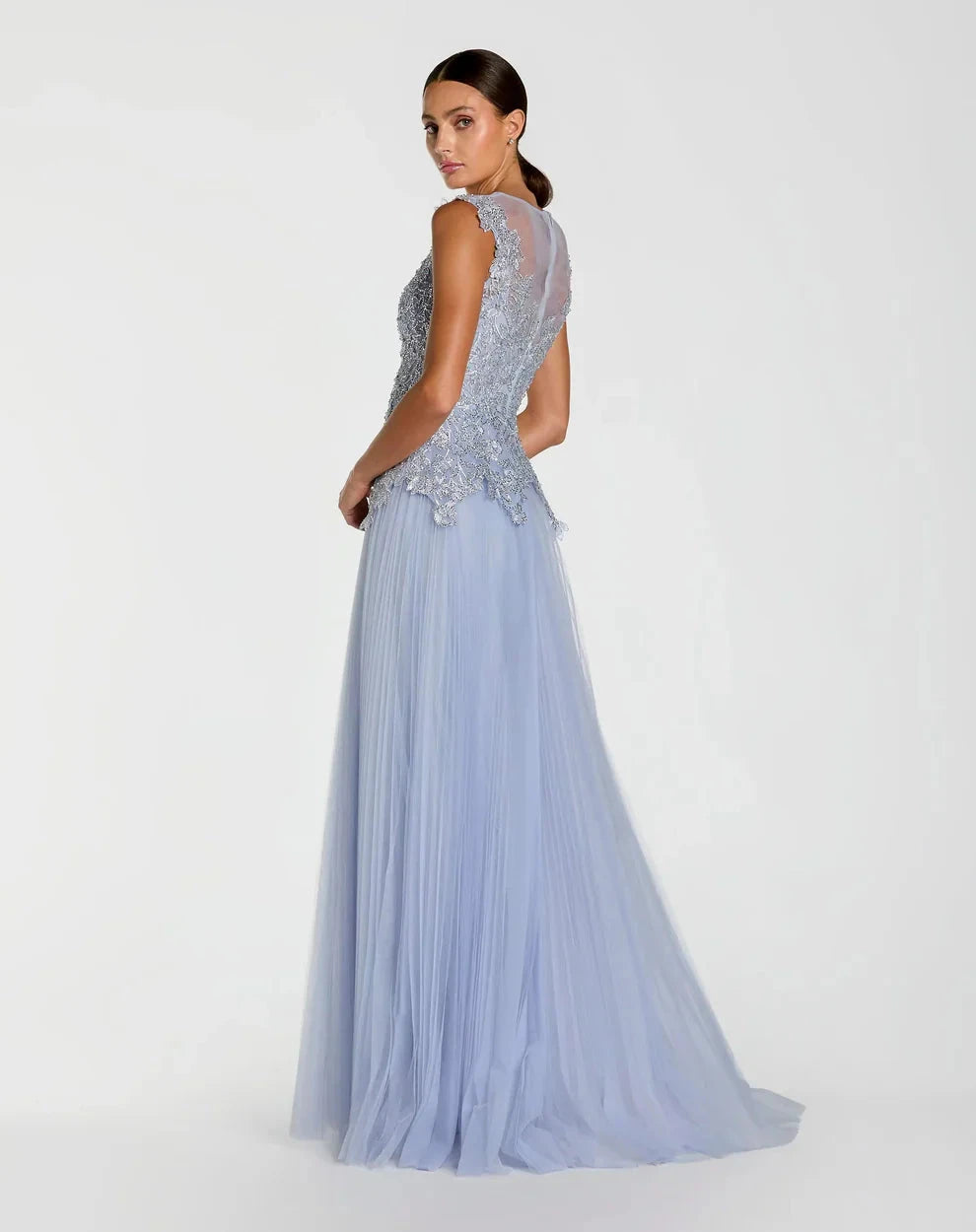 Elegant Romantic Round Neck Cap Sleeve Beaded Open Back Tulle Maxi Evening Dress by LANQI DRESS