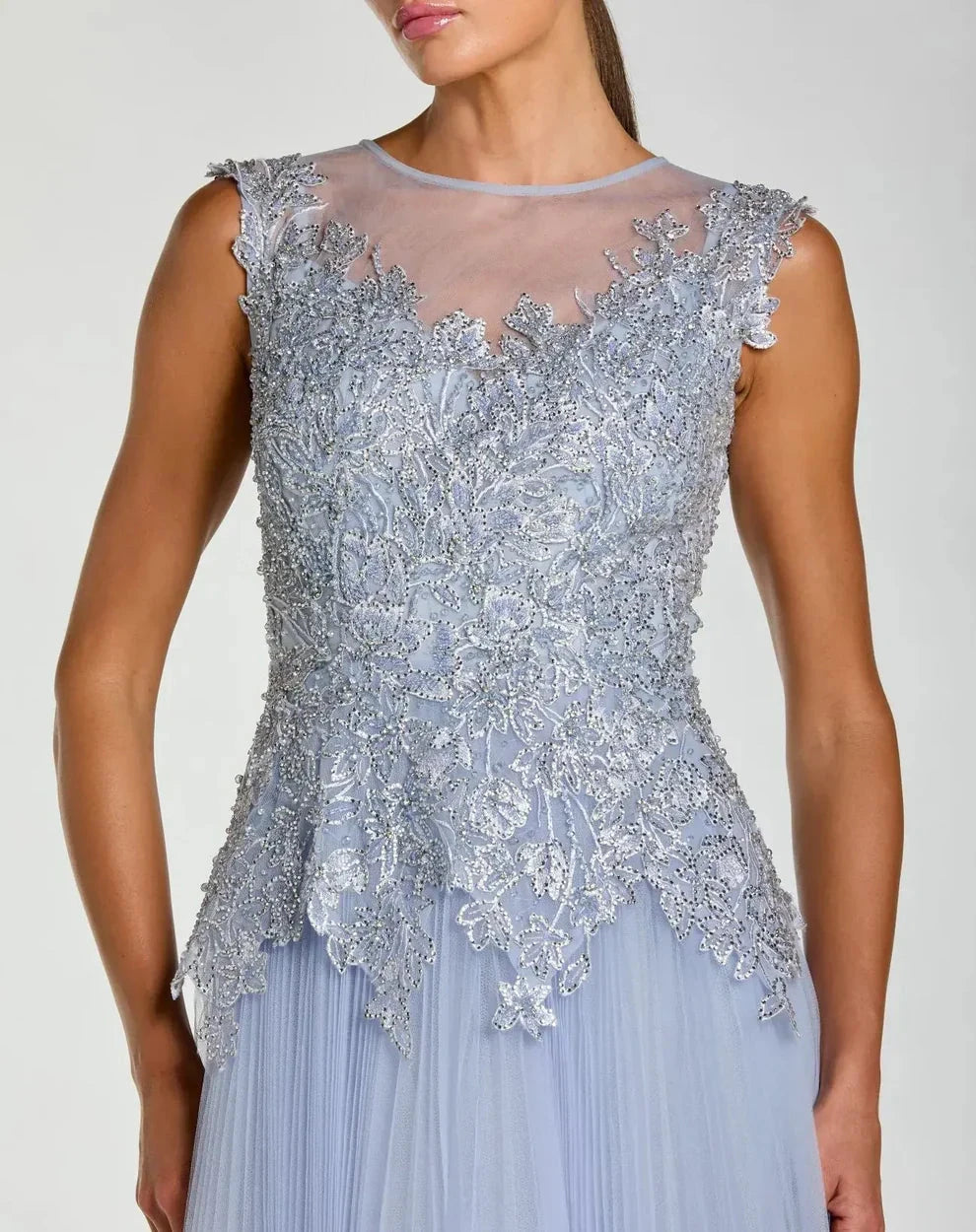 Elegant Romantic Round Neck Cap Sleeve Beaded Open Back Tulle Maxi Evening Dress by LANQI DRESS