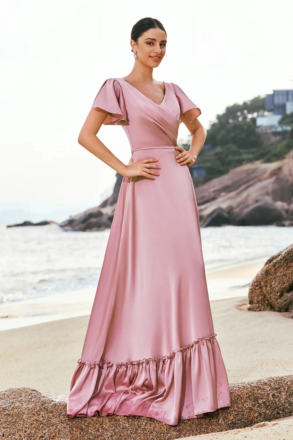 Elegant Romantic Soft Flowy A-Line V Neck Ruffled Short Sleeve Deep V Back Ruffled Hem Floor-Length Satin Evening Dress by LANQI DRESS