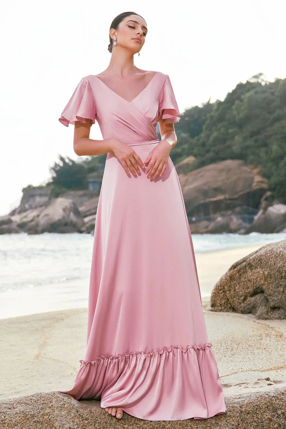 Elegant Romantic Soft Flowy A-Line V Neck Ruffled Short Sleeve Deep V Back Ruffled Hem Floor-Length Satin Evening Dress by LANQI DRESS