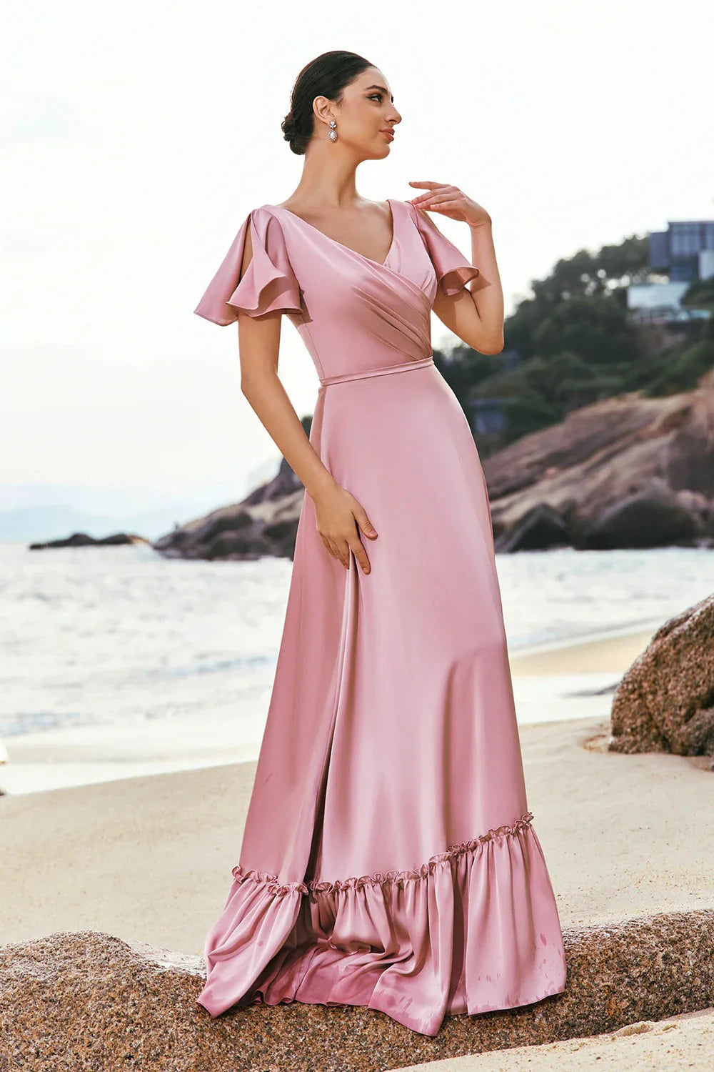 Elegant Romantic Soft Flowy A-Line V Neck Ruffled Short Sleeve Deep V Back Ruffled Hem Floor-Length Satin Evening Dress by LANQI DRESS