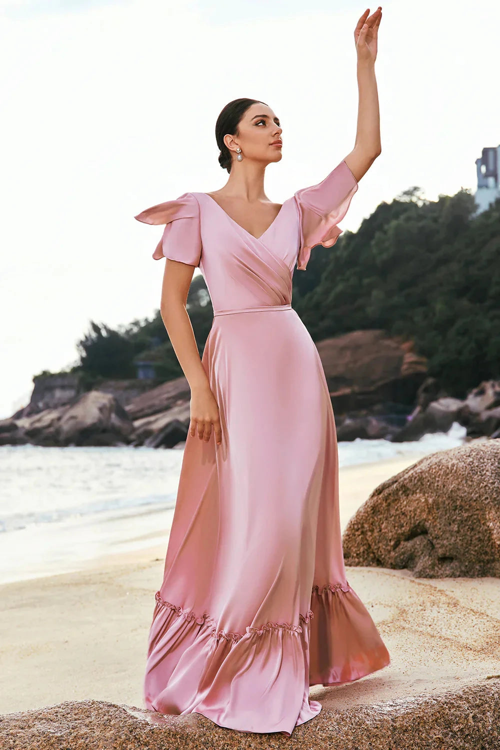Elegant Romantic Soft Flowy A-Line V Neck Ruffled Short Sleeve Deep V Back Ruffled Hem Floor-Length Satin Evening Dress by LANQI DRESS
