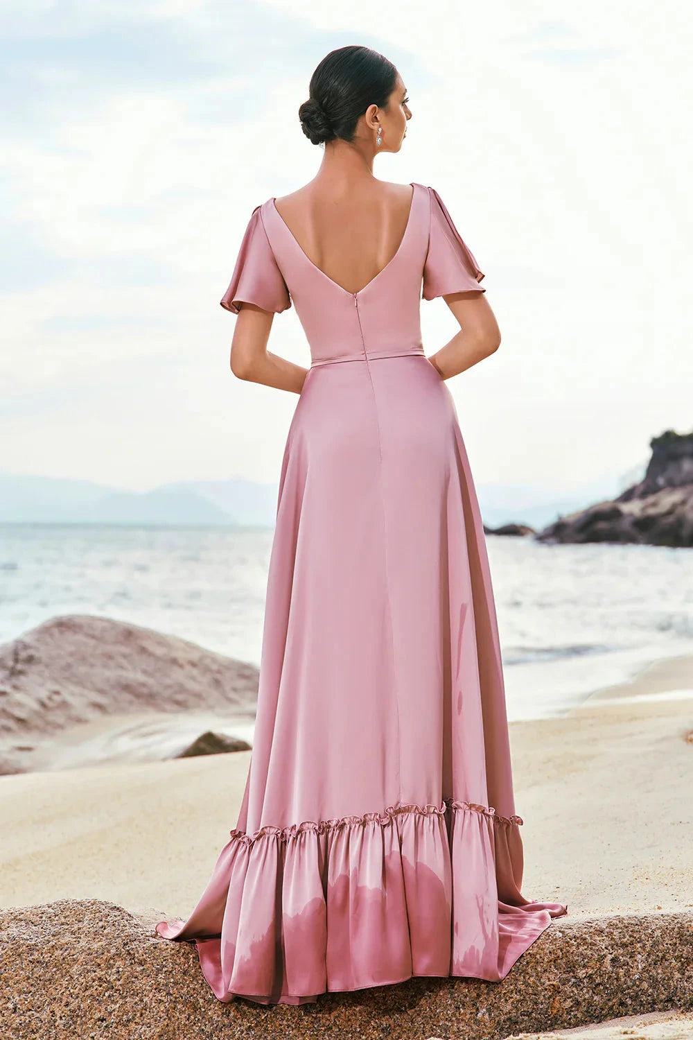 Elegant Romantic Soft Flowy A-Line V Neck Ruffled Short Sleeve Deep V Back Ruffled Hem Floor-Length Satin Evening Dress by LANQI DRESS