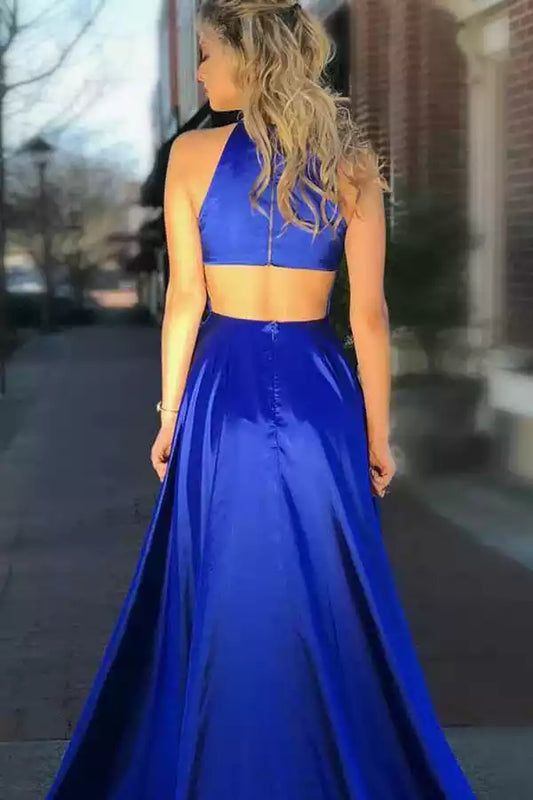 Elegant Royal Blue Satin A-Line Dress with Halter Neck & Cutout Back