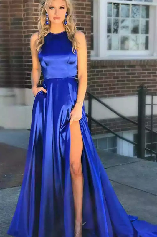 Elegant Royal Blue Satin A-Line Dress with Halter Neck & Cutout Back