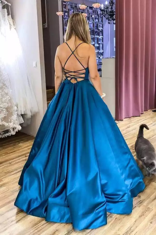 Elegant Royal Blue Satin Ball Dress with Square Neck & Criss-Cross Back
