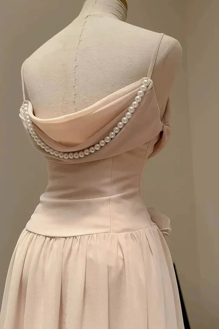 Elegant Ruffle Spaghetti Strap Pearl Beading A-Line Sleeveless Long Chiffon Evening Gown simple gentle atmospheric and unique desi Bring summer colors to enhance whiteness by YiHuiw