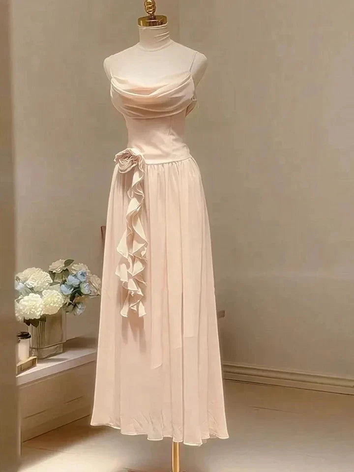 Elegant Ruffle Spaghetti Strap Pearl Beading A-Line Sleeveless Long Chiffon Evening Gown simple gentle atmospheric and unique desi Bring summer colors to enhance whiteness by YiHuiw