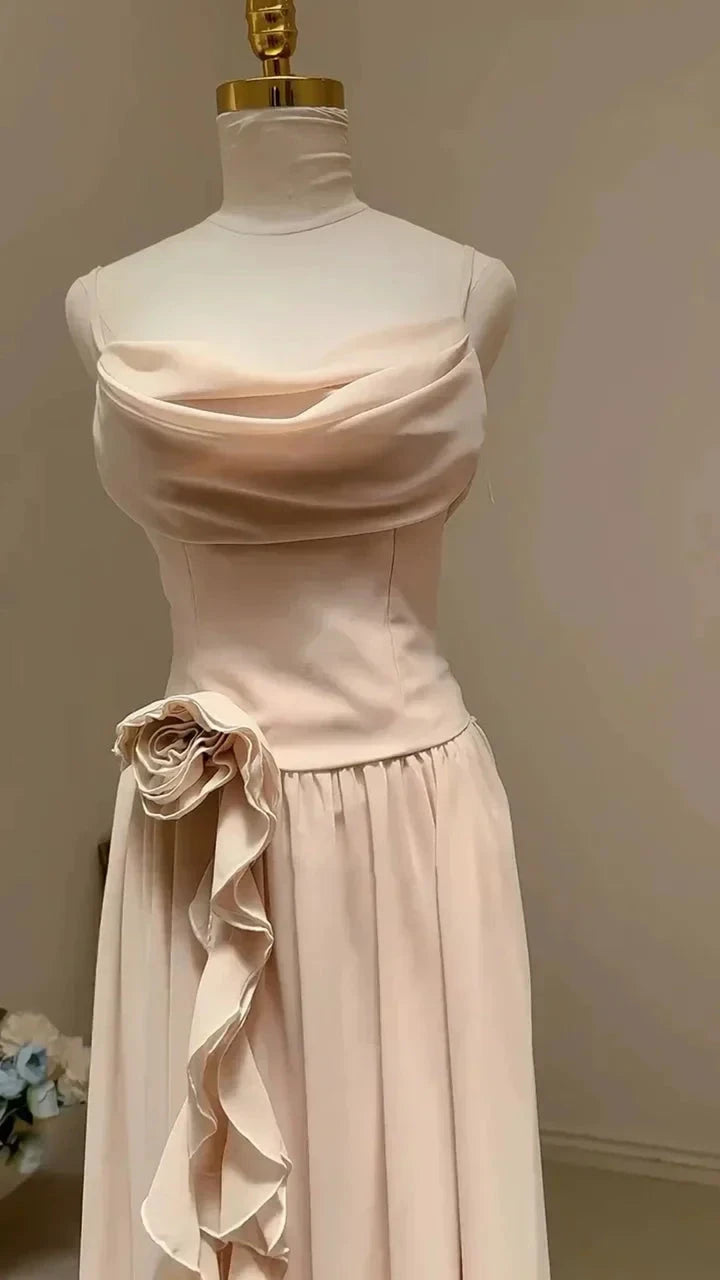 Elegant Ruffle Spaghetti Strap Pearl Beading A-Line Sleeveless Long Chiffon Evening Gown simple gentle atmospheric and unique desi Bring summer colors to enhance whiteness by YiHuiw