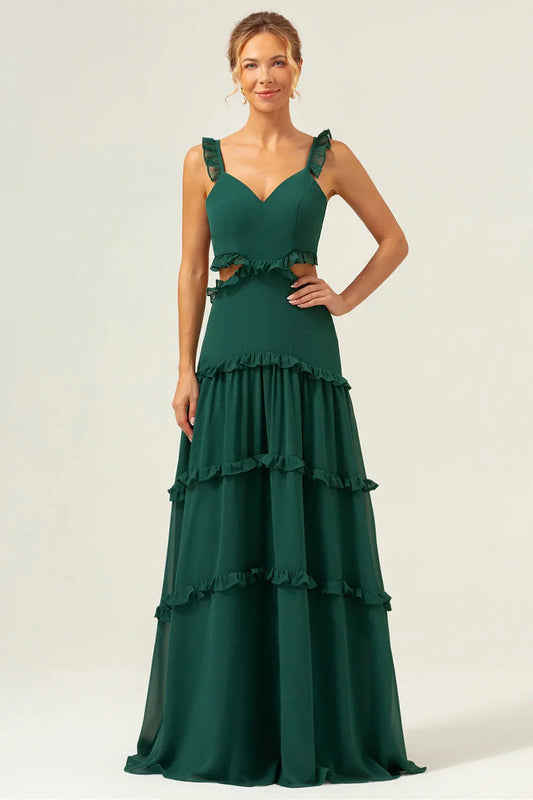 Elegant Ruffle Strap Evening Dress with Waist Cutout and Tiered Ruffle Chiffon Skirt