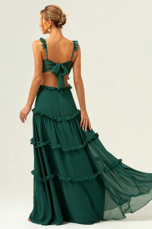 Elegant Ruffle Strap Evening Dress with Waist Cutout and Tiered Ruffle Chiffon Skirt