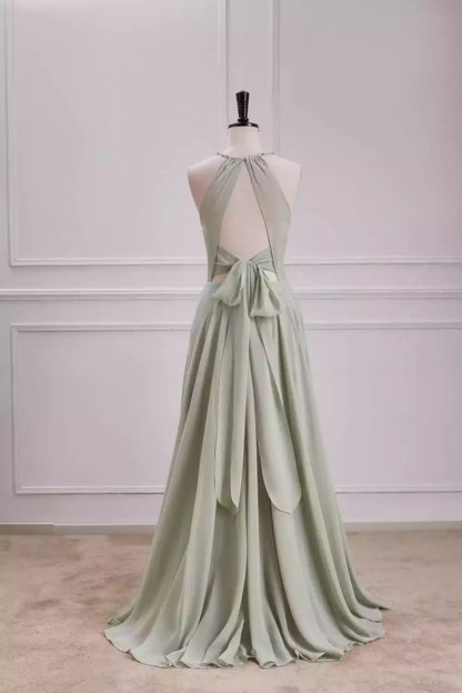 Elegant Sage Green Chiffon Halter Dress with Tie-Back & High Slit