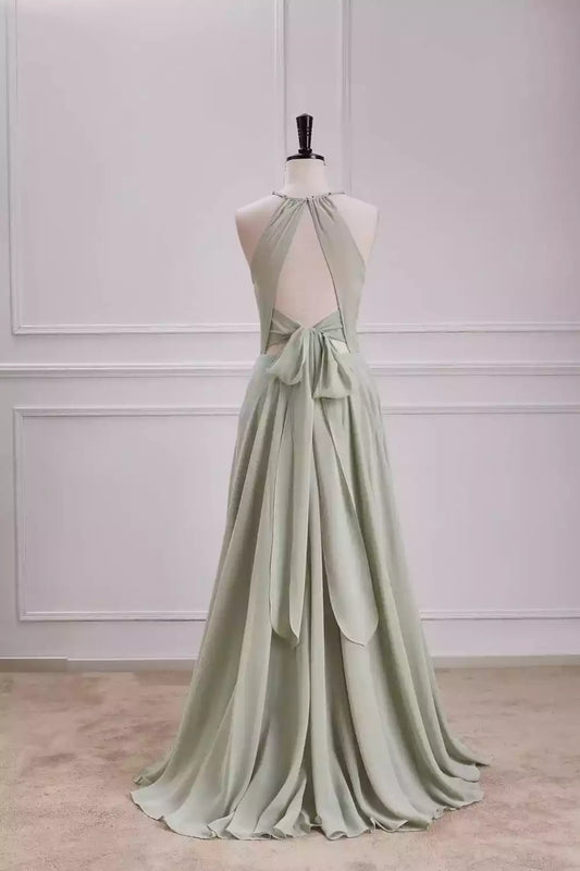 Elegant Sage Green Chiffon Halter Dress with Tie-Back & High Slit
