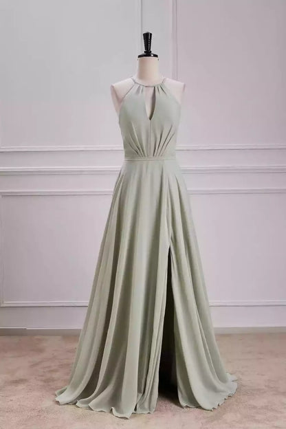 Elegant Sage Green Chiffon Halter Dress with Tie-Back & High Slit