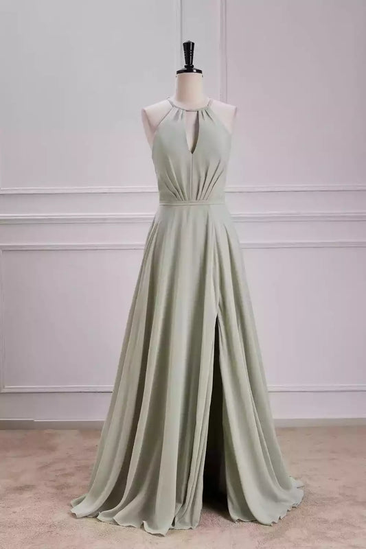 Elegant Sage Green Chiffon Halter Dress with Tie-Back & High Slit