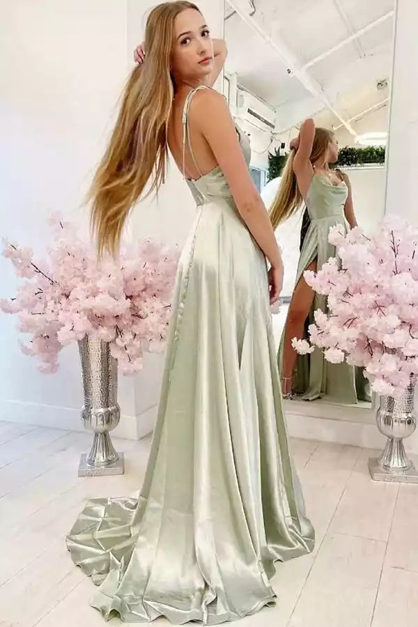 Elegant Sage Green Satin A-Line Prom Dress with Cowl Neck & High Slit