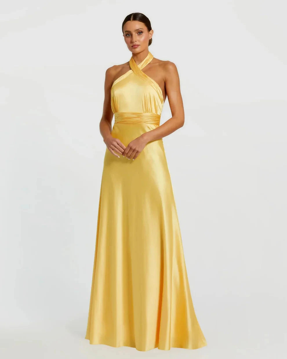 Elegant Satin A-Line Gown Halter Neck Sleeveless Zipper Back Floor-Length Evening Dresses by LANQI DRESS
