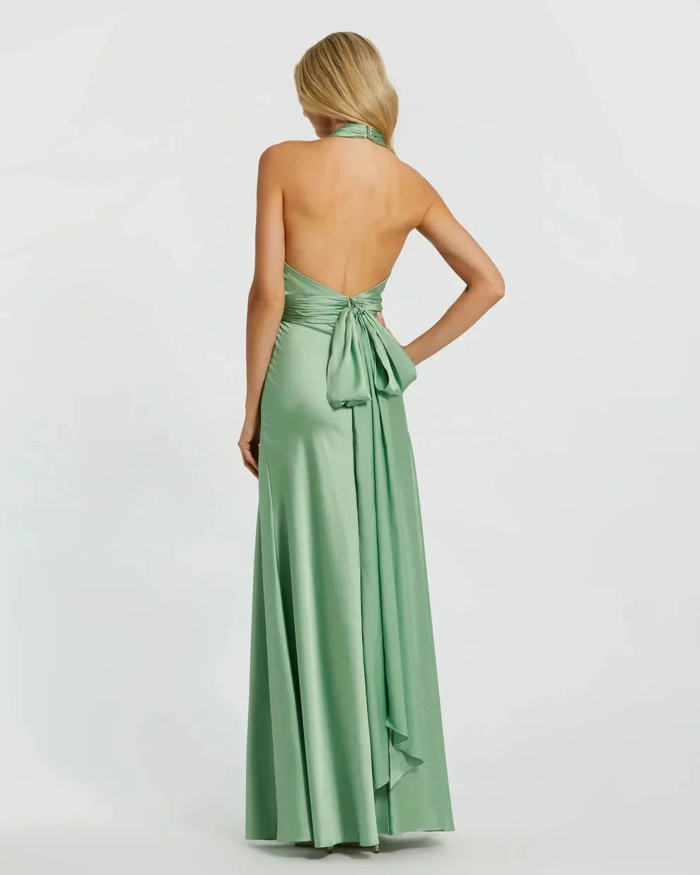 Elegant Satin A-Line Gown Halter Neck Sleeveless Zipper Back Floor-Length Evening Dresses by LANQI DRESS