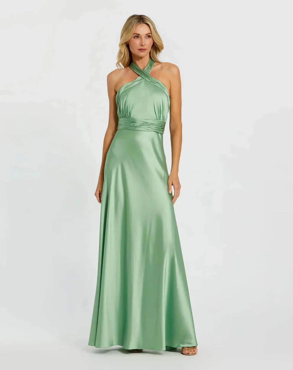Elegant Satin A-Line Gown Halter Neck Sleeveless Zipper Back Floor-Length Evening Dresses by LANQI DRESS
