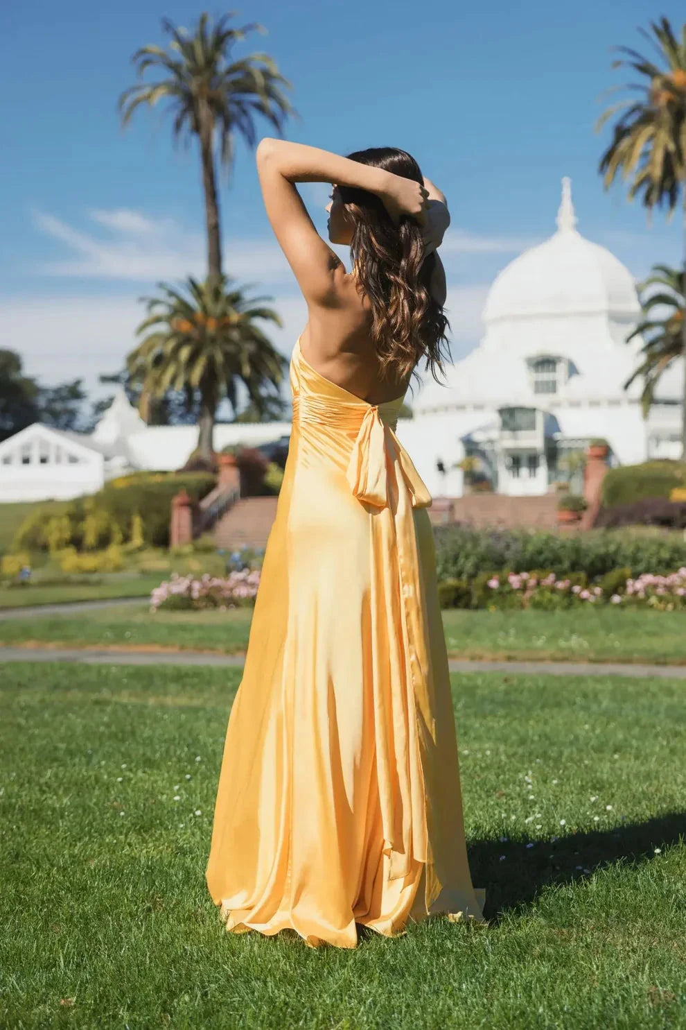 Elegant Satin A-Line Gown Halter Neck Sleeveless Zipper Back Floor-Length Evening Dresses by LANQI DRESS