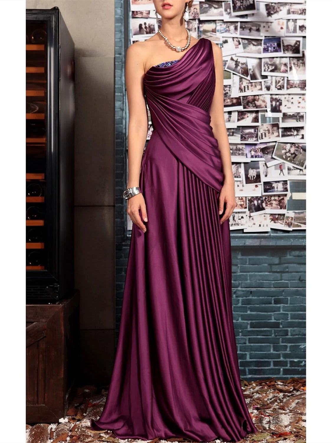 Elegant Satin A-Line One-Shoulder Draped Sleeveless Beaded Detail Zipper Back Floor-Length Maxi Formal Mother of the Bride Dresses by LANQI DRESS