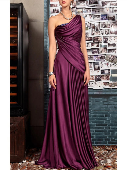 Elegant Satin A-Line One-Shoulder Draped Sleeveless Beaded Detail Zipper Back Floor-Length Maxi Formal Mother of the Bride Dresses by LANQI DRESS