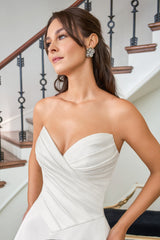 Elegant Satin A-Line Strapless Sweetheart Ruched-Bodice Button-Detail Train Wedding Dress