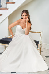 Elegant Satin A-Line Strapless Sweetheart Ruched-Bodice Button-Detail Train Wedding Dress