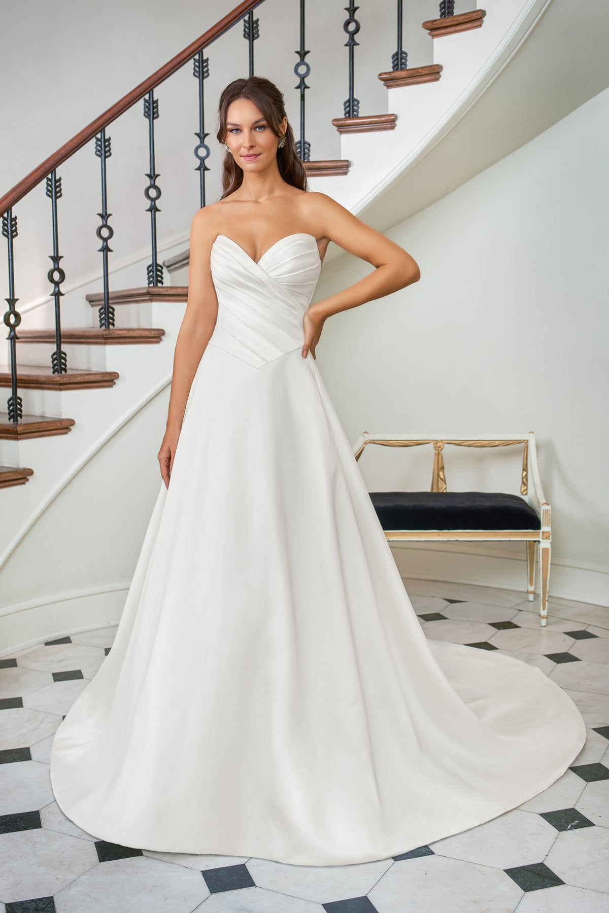 Elegant Satin A-Line Strapless Sweetheart Ruched-Bodice Button-Detail Train Wedding Dress