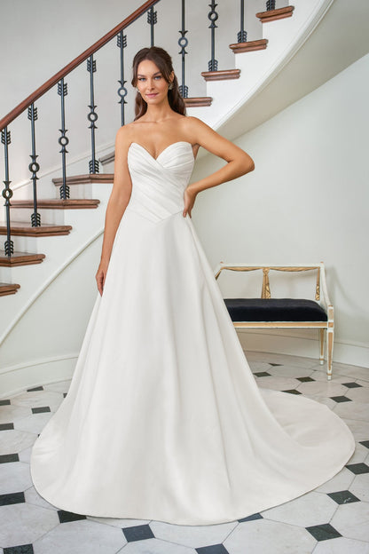Elegant Satin A-Line Strapless Sweetheart Ruched-Bodice Button-Detail Train Wedding Dress by YiHuiw