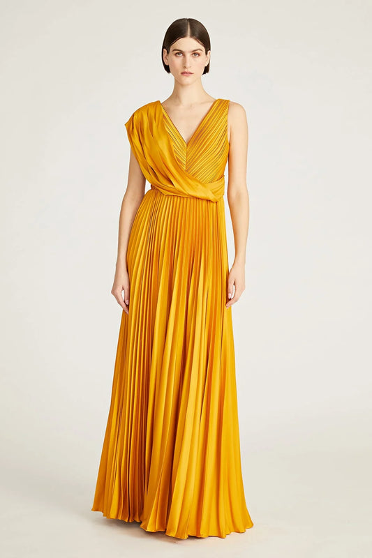 Elegant Satin A-Line V Neck Draped Pleated Floor Length Formal Evening Dress