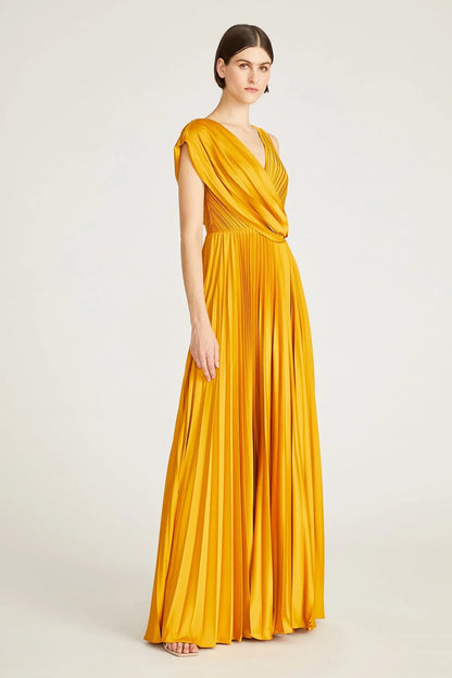 Elegante vestido de noche formal de satén, corte en A, con escote en V, drapeado, plisado y largo hasta el suelo