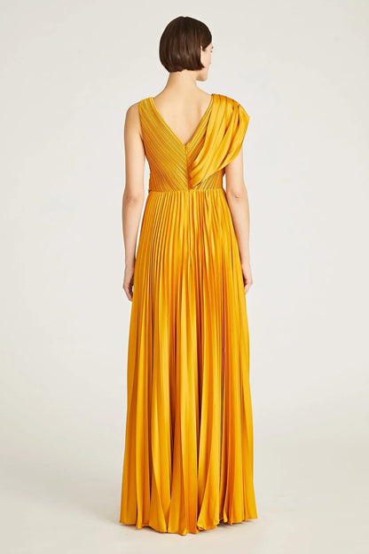 Elegante vestido de noche formal de satén, corte en A, con escote en V, drapeado, plisado y largo hasta el suelo