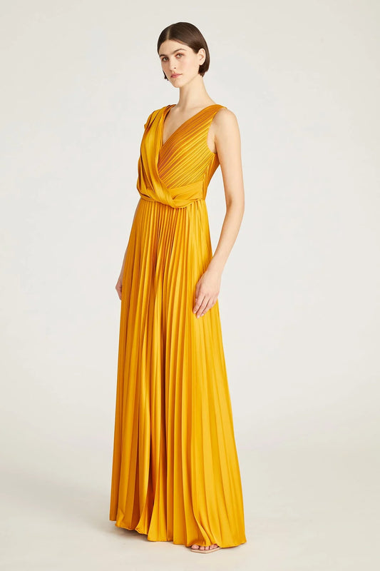Elegant Satin A-Line V Neck Draped Pleated Floor Length Formal Evening Dress