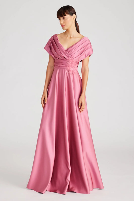 Elegant Satin A-Line V Neck Pleated Appliqué Floor Length Formal Evening Dress