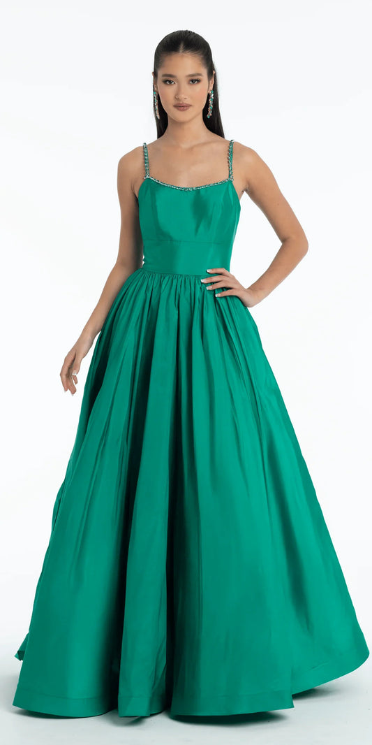 Elegant Satin Ball Dress Scoop Neck Spaghetti Strap Floor-Length Prom Dress with Beaded Straps for Formal Events